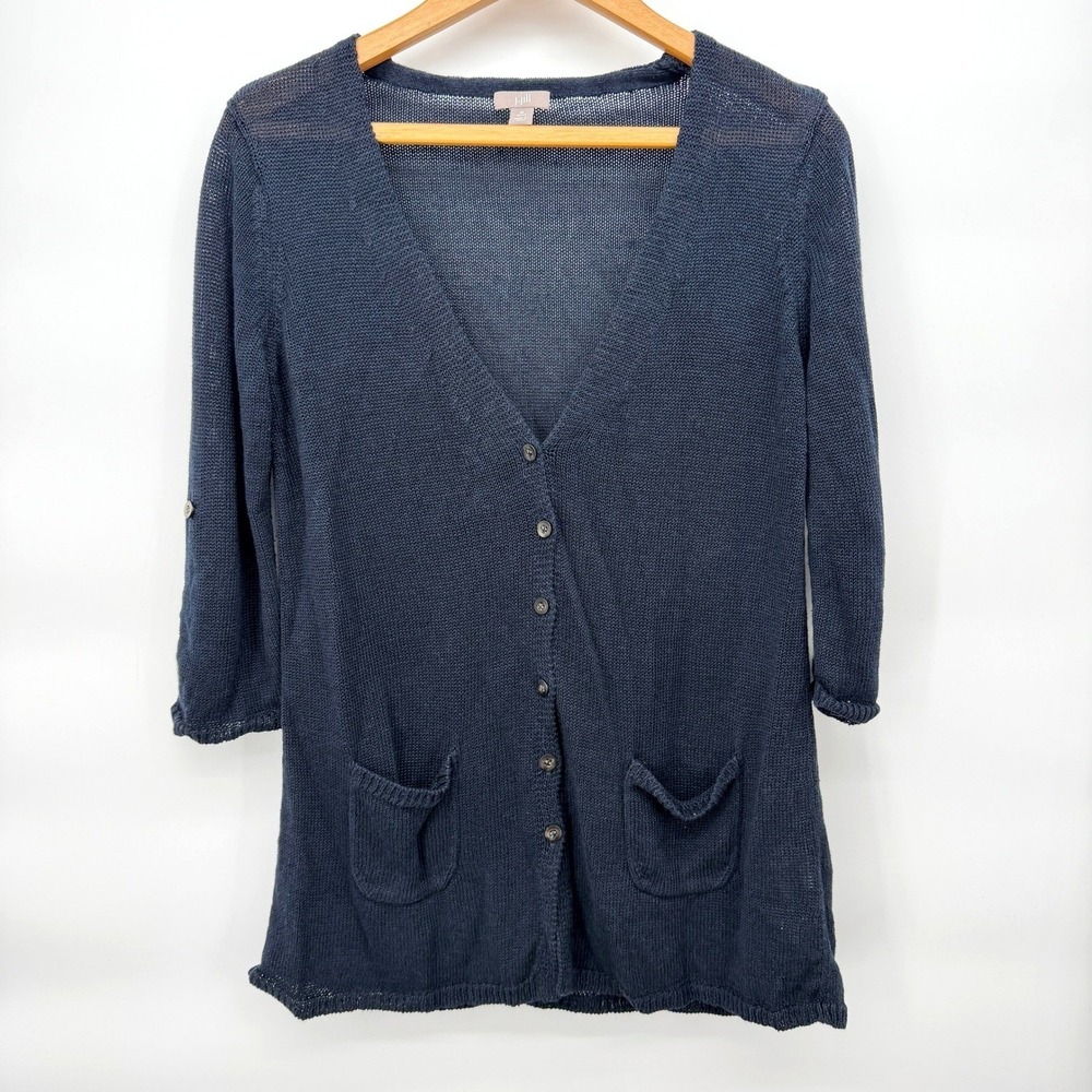 J Jill Cardigan Sweater Navy Blue Linen Bamboo Knit Roll Patch Pocket Tab Sz MP